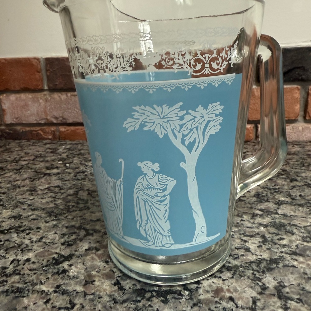 Vintage Hellenic Pattern Blue and White Glass Pitcher with Classical Motif